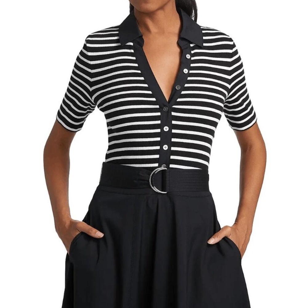 Veronica Beard Black & White Striped Polo Midi with Black Skirt - Picture 2 of 8